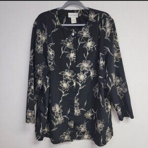 Susan Graver Studio Black Floral Button Up Jacket Sz 2X Long Sleeve Classic Chic